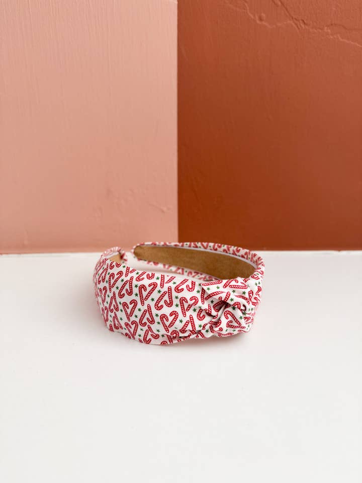 White Candy Cane Christmas Top Knot Headband for wholesale by Little Sunshines Bow & Co