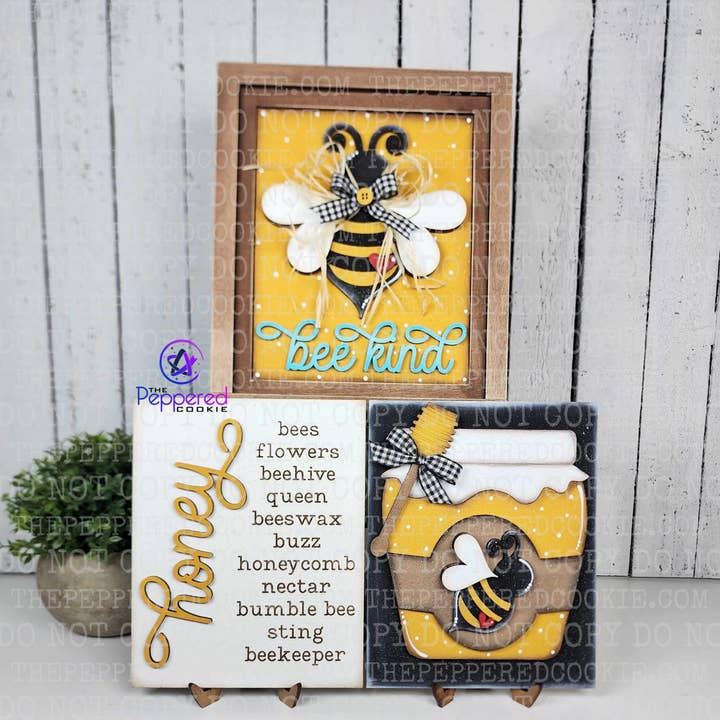 Home Decor - Bee Trio Signs UNFINISHED for wholesale by The Peppered Cookie