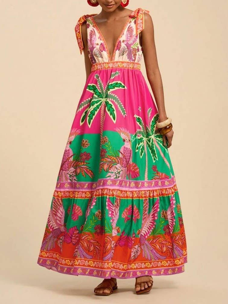 Rosa Clothing - Wholesale Dress - Women's - straps shoulder Tropical Floral print resort maxi dress8