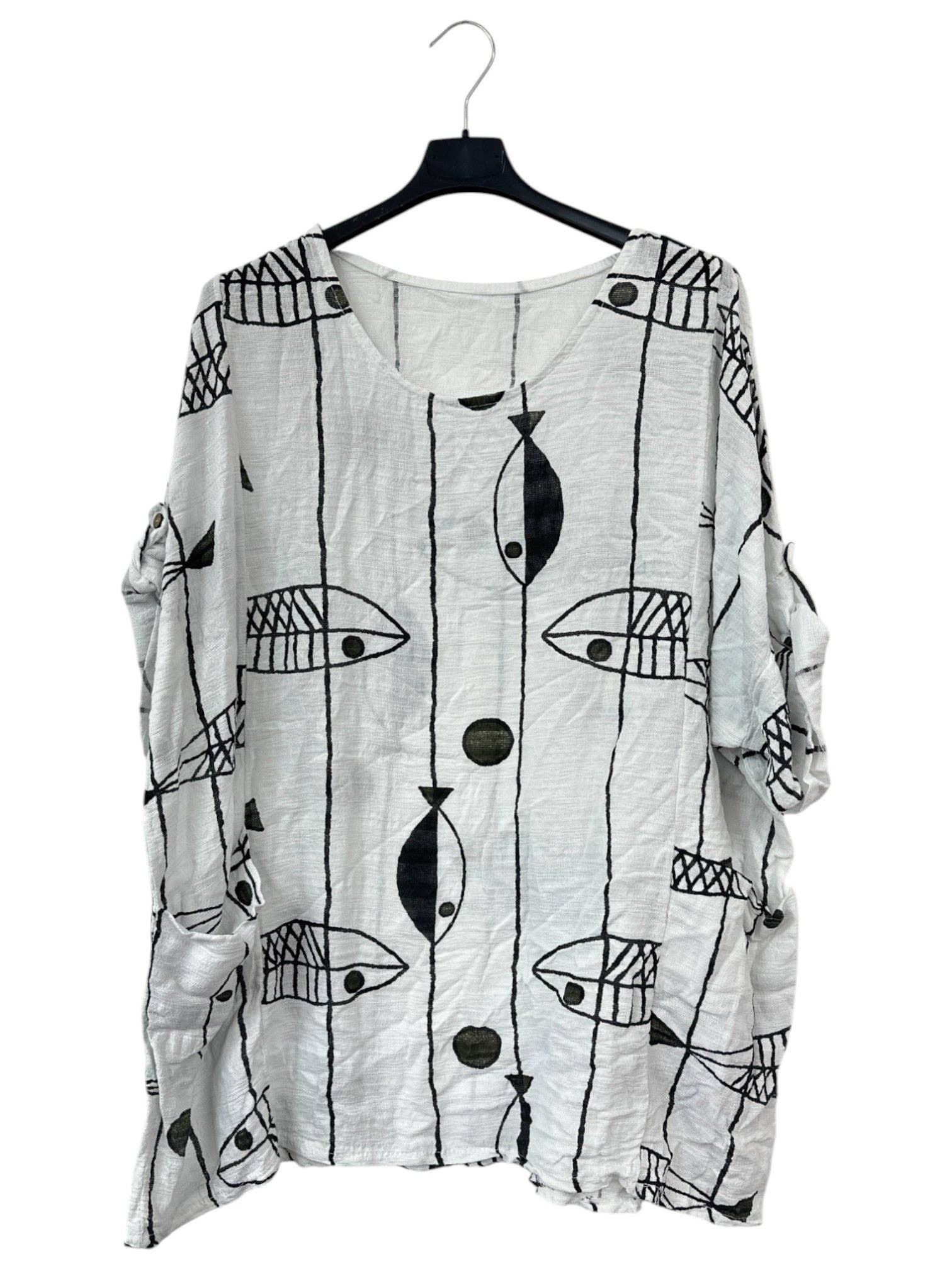 Miss Bold - Wholesale Blouse - Women's - Italian Crinkle Cotton Fish Print Top with Pockets & Turn-Up Sleeves12