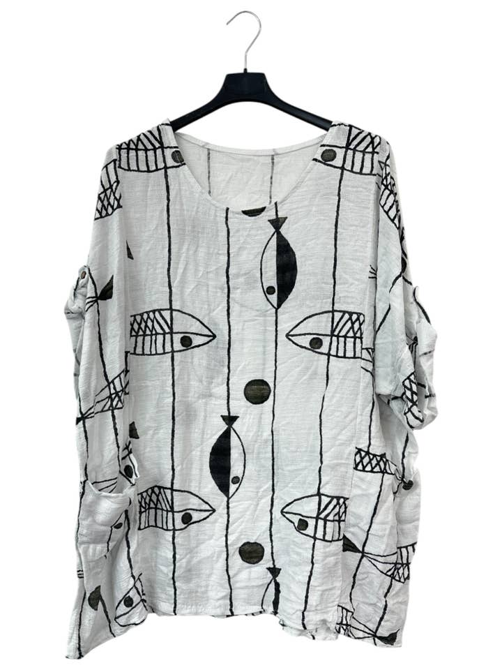 Miss Bold - Wholesale Blouse - Women's - Italian Crinkle Cotton Fish Print Top with Pockets & Turn-Up Sleeves12
