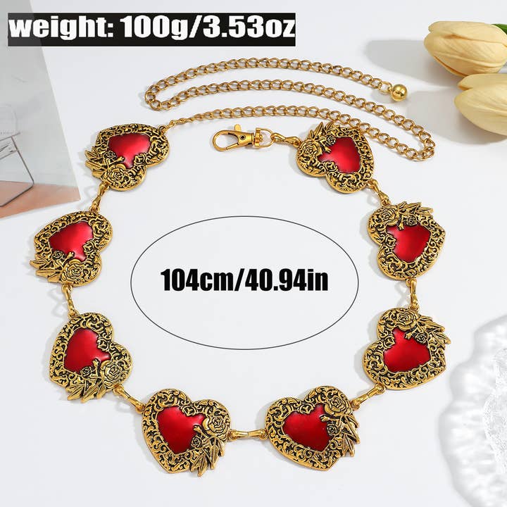 Tourtiwi - Wholesale Belt - Women's - Vintage Rose - Engraved Red Heart Inlaid Waist Chains