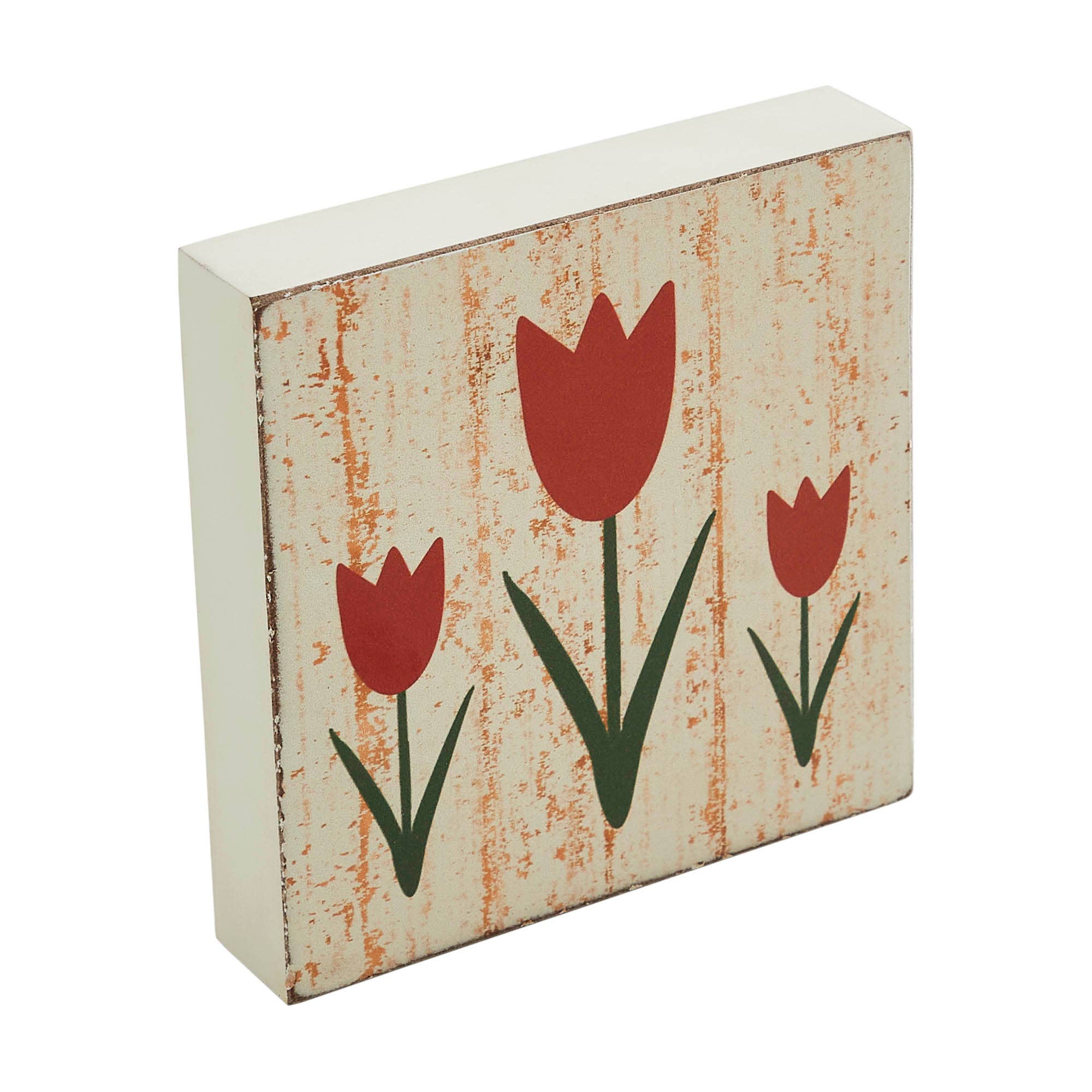 VHC Brands - Wholesale Sign - Spring In Bloom Red Tulips Distressed Antique White MDF Block Sign 5x5x13
