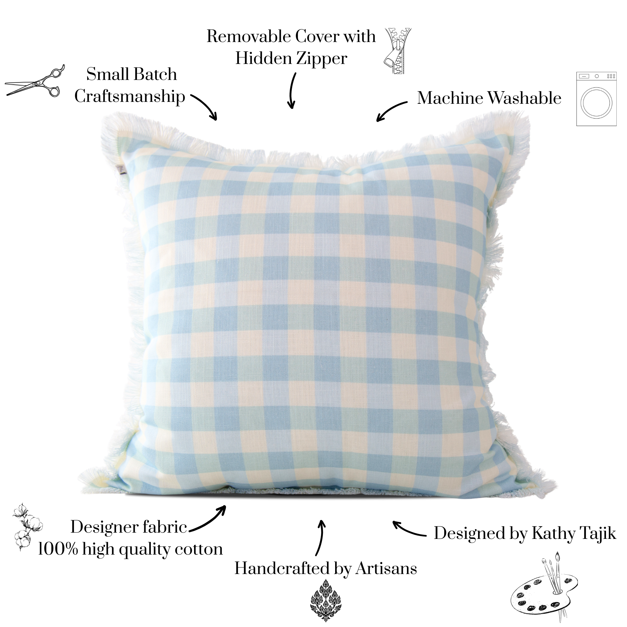 Tajik  Home  LLC - Vente Housse de coussin - Housse de Coussin Vichy Vintage Idamae Sky2