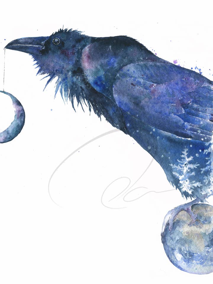 Akvarellkonsttryck - Nattens Väktare - Korp och Måne för wholesale av Oladesign