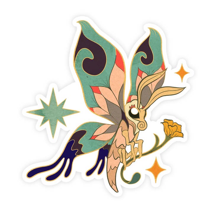 Autocollant illustré à la main avec un joli papillon de nuit sur une fleur pour la vente par Sticker Bull