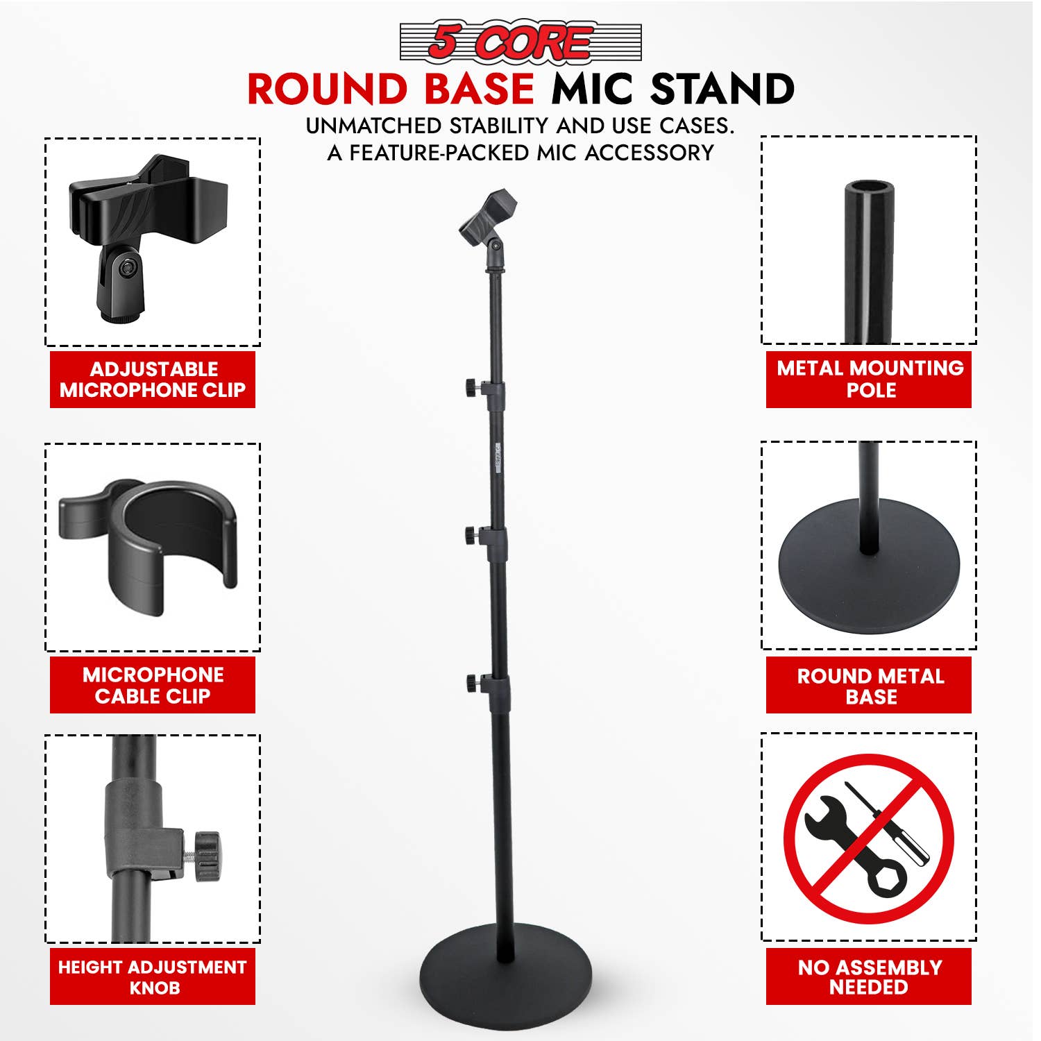 K Cube Inc - Wholesale Music Accessory - 5Core Microphone Stand Round Base Adjustable Mic Mount6