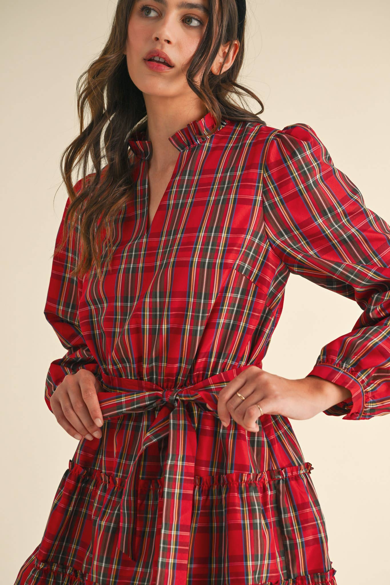 &MERCI - Wholesale Dress - Women's - PLAID MINI DRESS WITH TIERED RUFFLE TRIM MDR353823