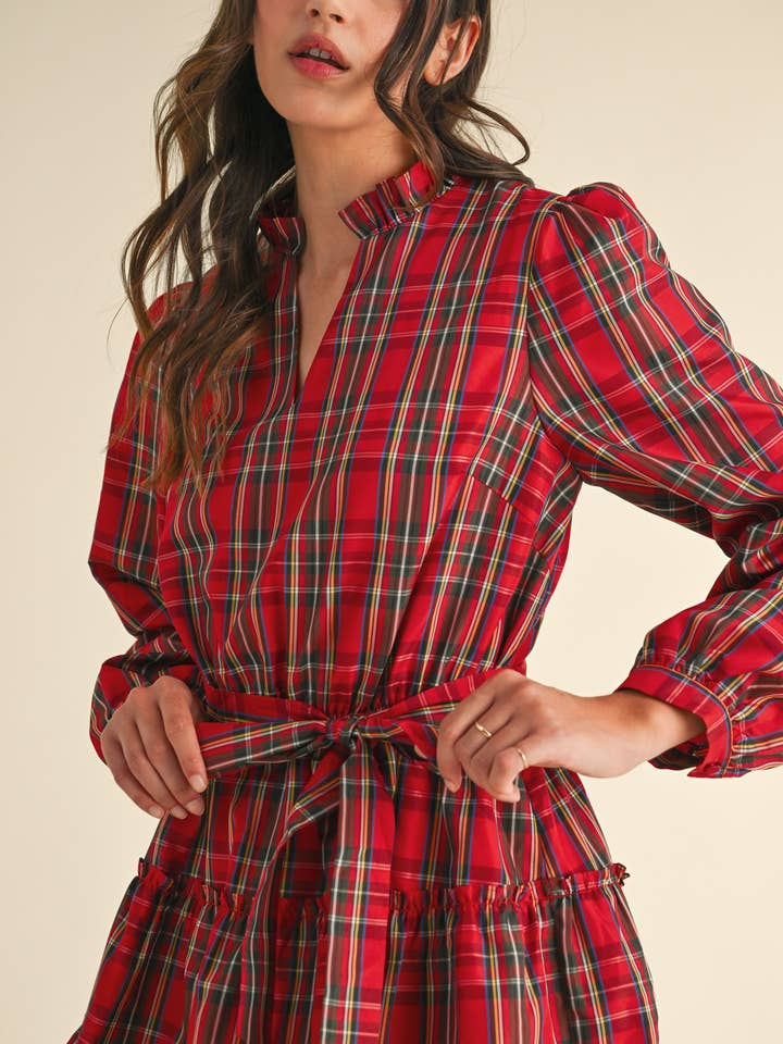 &MERCI - Wholesale Dress - Women's - PLAID MINI DRESS WITH TIERED RUFFLE TRIM MDR353823
