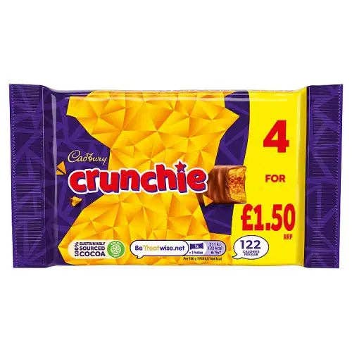 Echo Sales America - Wholesale Chocolate Bar - Cadbury Crunchie - Pouch with 4 x 26.1g mini bars UK, 104.4g, case of 10