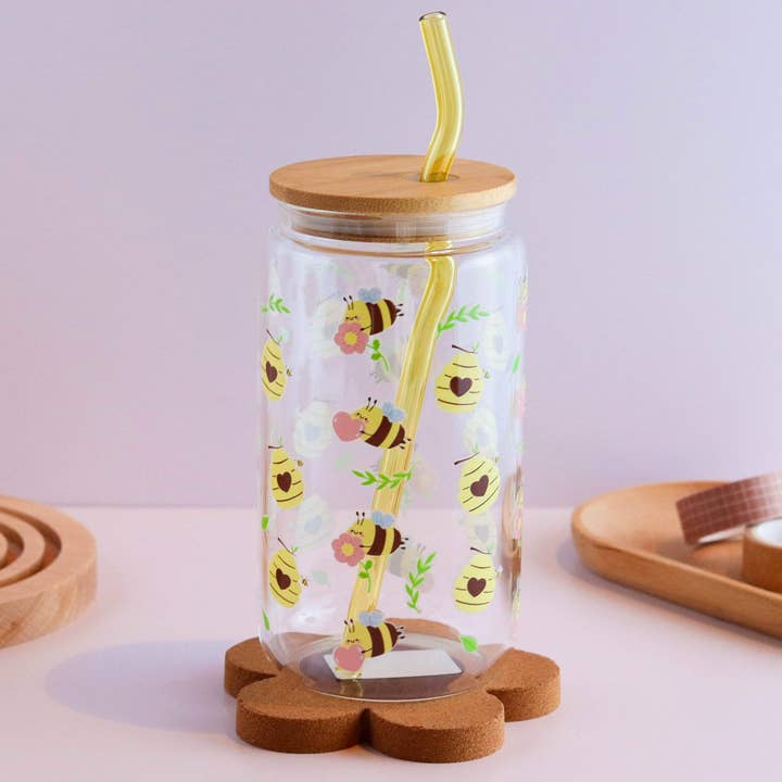 Spring Bees and Beehive 16 oz Glass Cup Set for wholesale by Peach Dust Collective