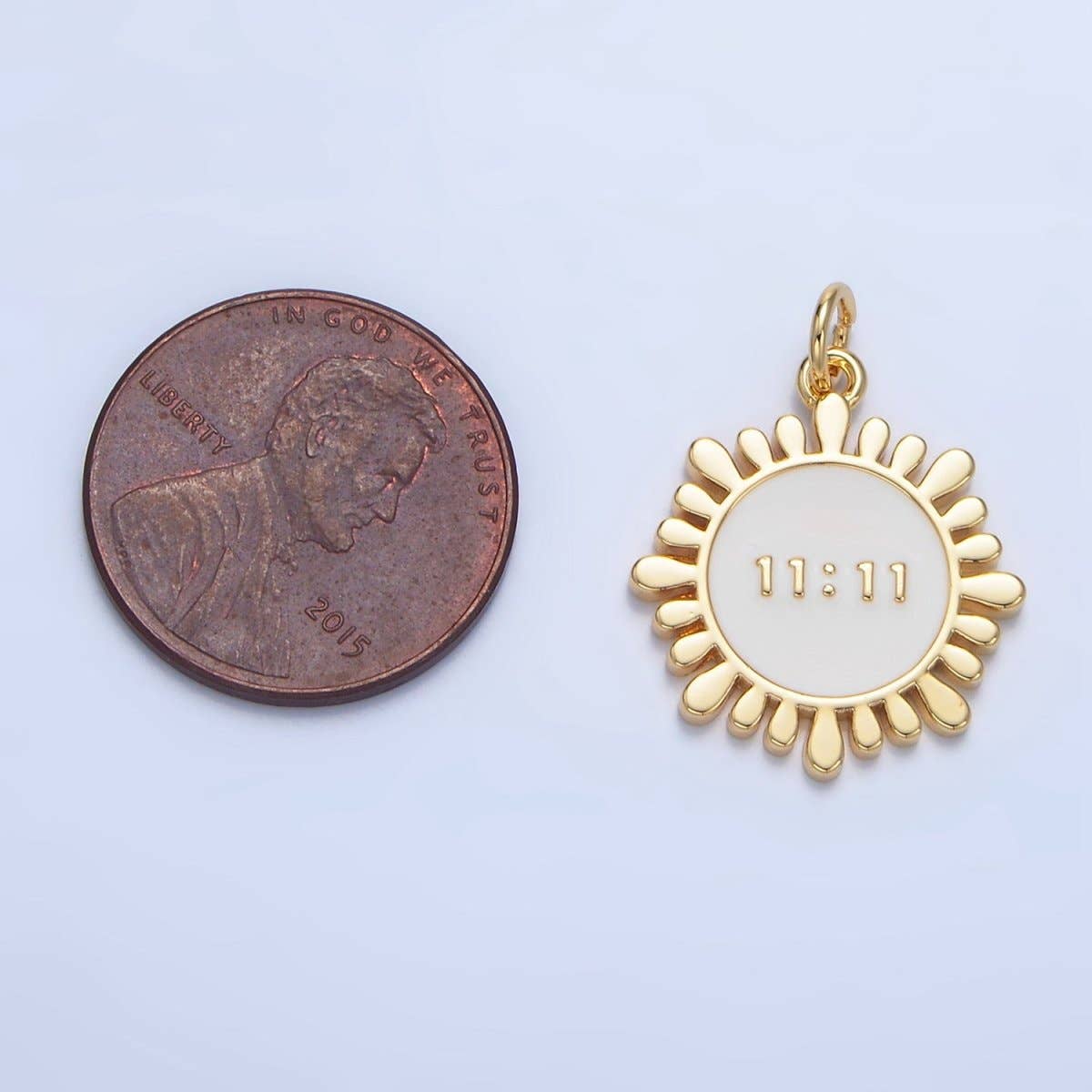 Aim Eternal - Wholesale Individual Charm/Pendant - 24K Gold Filled "11:11" Angel Number White Enamel Celestial Sun Flower Charm | X8372