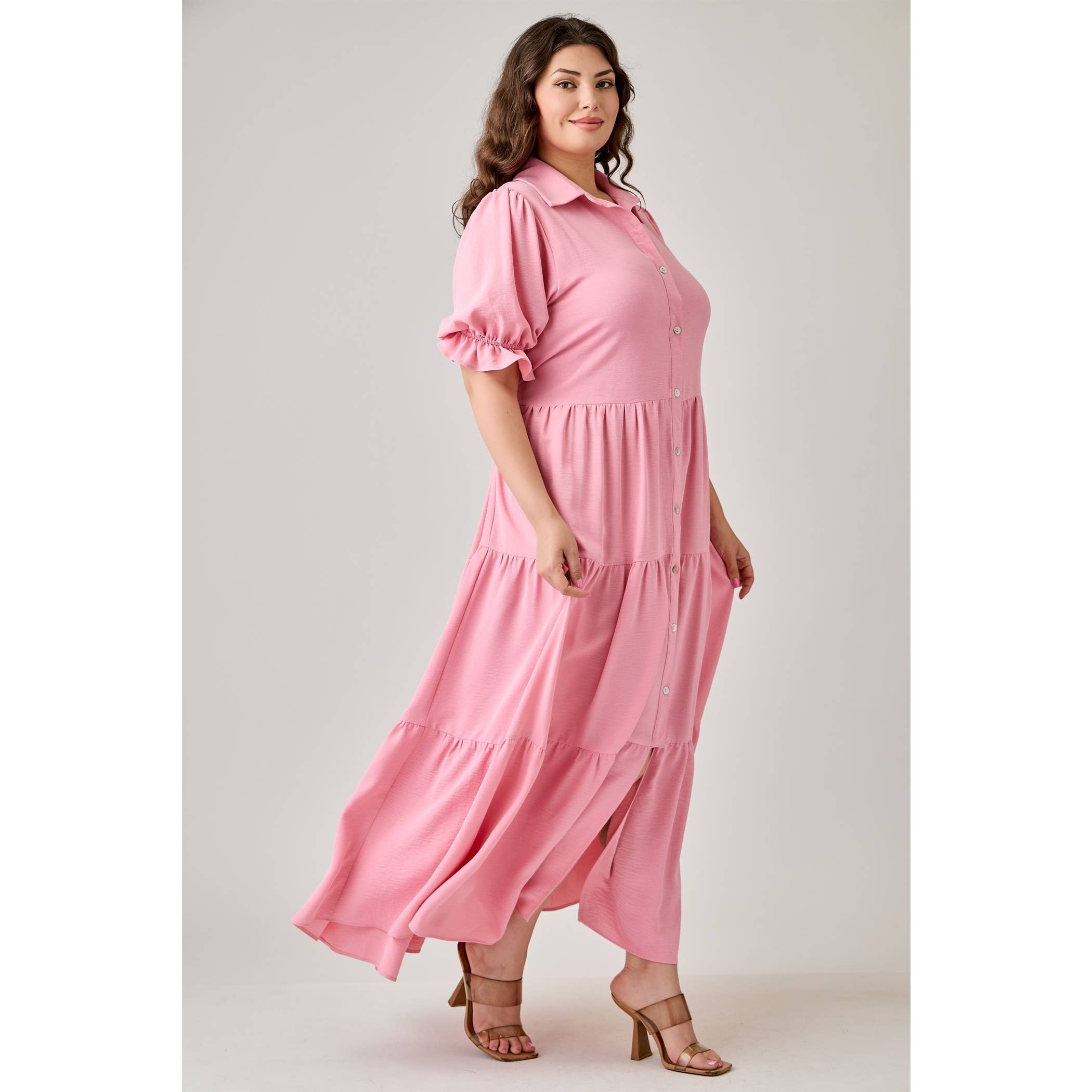 ORANGE CORAL PLUS SIZE BUTTON FRONT MAXI DRESS WITH TIERD HEM for wholesale on Faire24