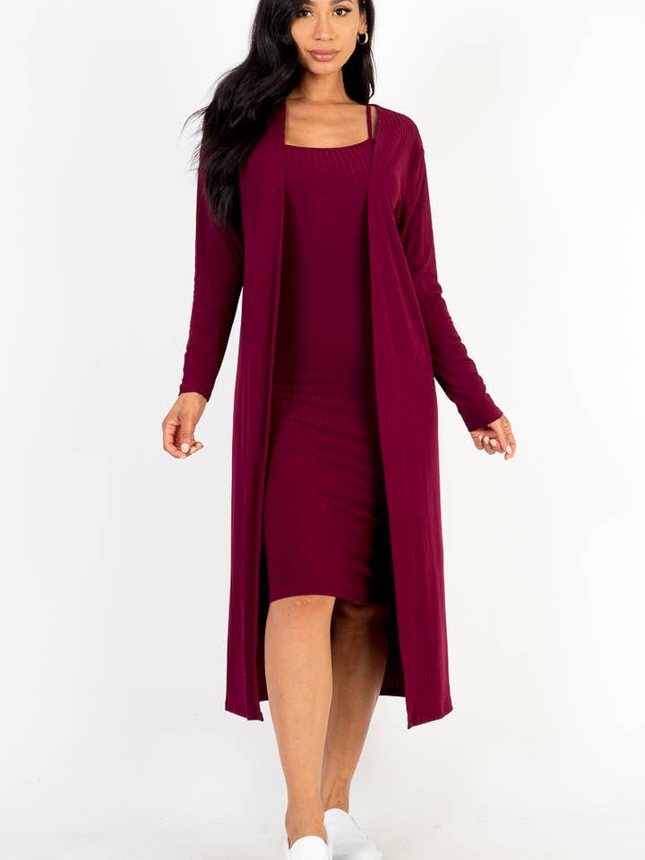 CAPELLA APPAREL – Vestido - Mulher por atacado – Conjunto CAPELLA APPAREL: Cardigan canelado e vestido midi justo com alças finas1