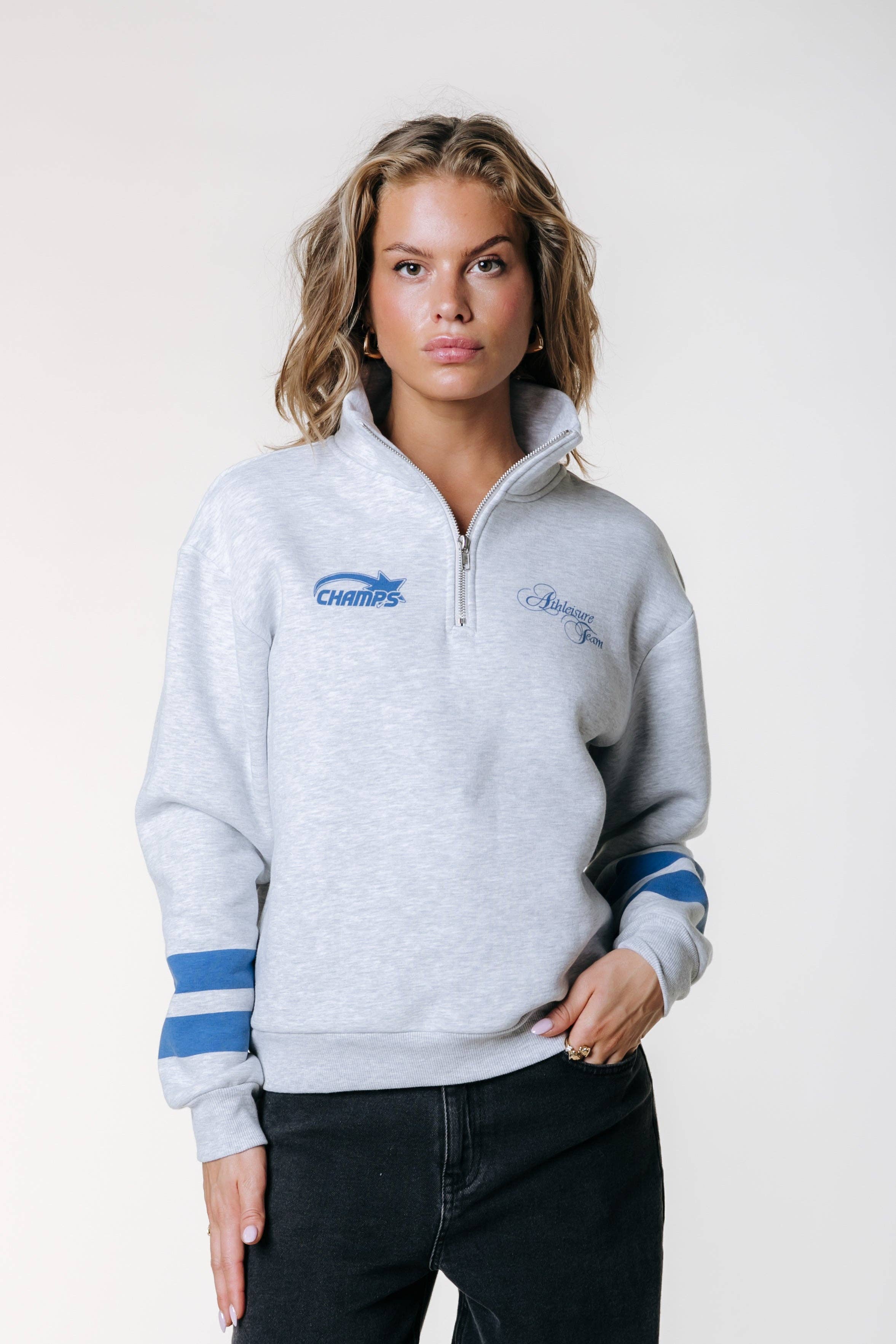 Logo Stripes Zip Sweat | Light grey melange for wholesale on Faire