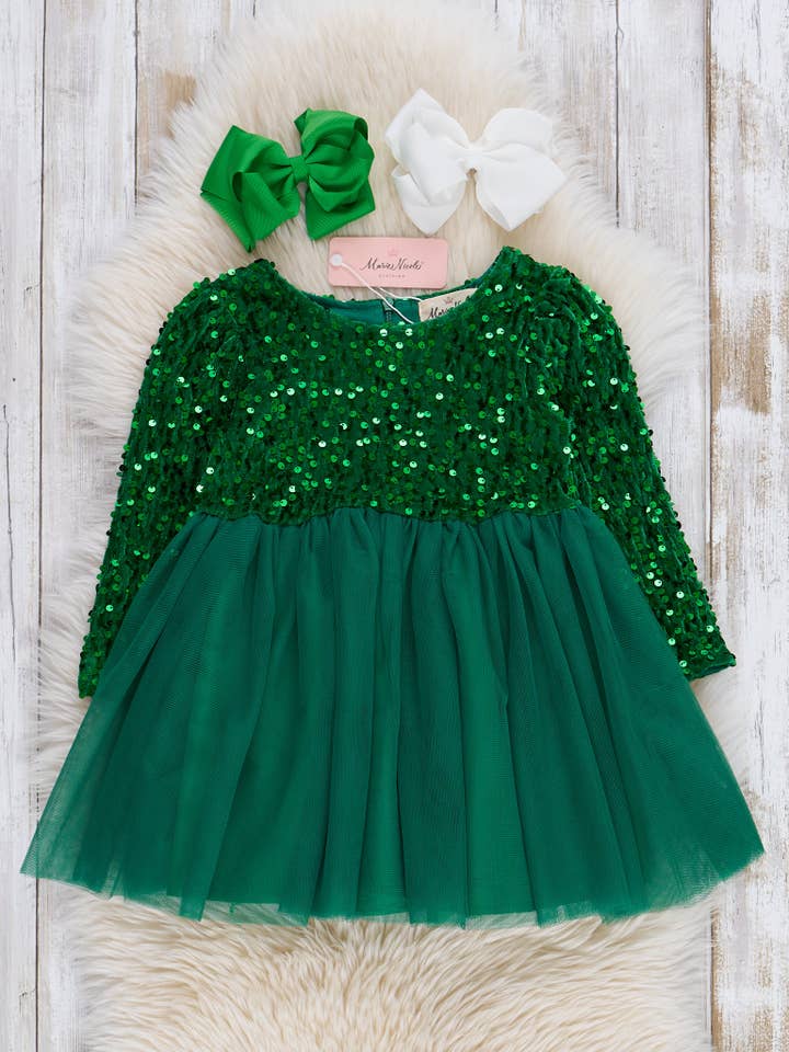 Kelly Green Sparkle Party Long Sleeve Tulle Dress for wholesale by Marie Nicole Clothing