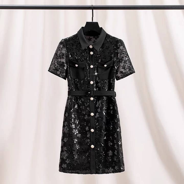 SY270 Sequin Mesh Belted Dress - Lapel Collar Short Sleeve for wholesale by Sanyao Fashion