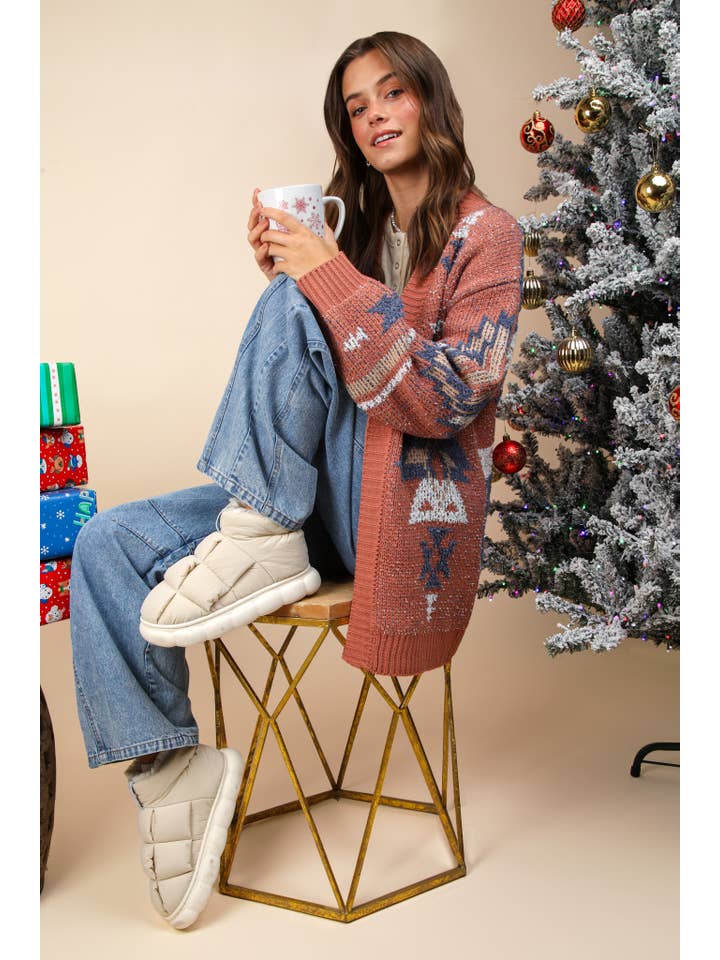 VERY J - Wholesale Cardigan - Women's - 12W3228N-Aztec Printed Oversized Knit Sweater Cardigan