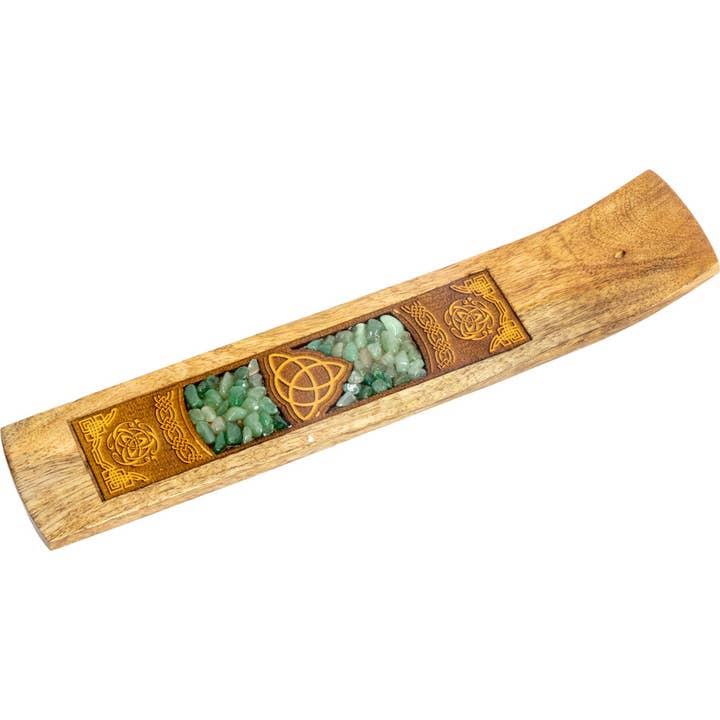Kheops International - Wholesale Incense Holder - Laser Etched Wood Incense Holder - Triquetra w/ Green Aventu