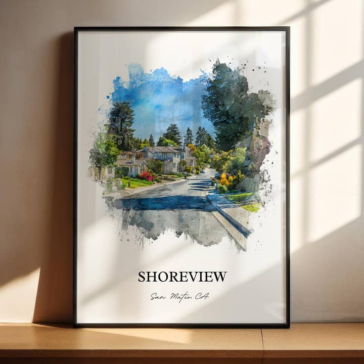 Shoreview San Mateo Vægkunst, Shoreview Print, San Mateo CA Akvarel Kunst, San Mateo Gave, Rejseprint, Rejseplakat, Indflyttergave for engroshandel hos Premium Travel Art