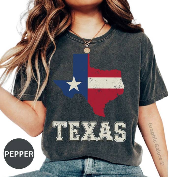 Texas Flag T-Shirt, State Pride Shirt, Lone Star State Tee, Distressed Texas Map Gift, Patriotic Texas Apparel, Vintage Texas Shirt for wholesale by Graphic Galore