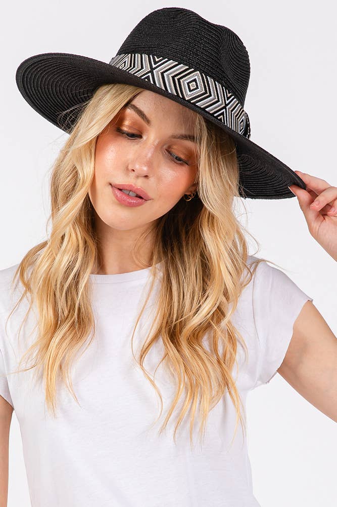 Hana - Wholesale Straw Hat - Women's - Aztec Tribal Pattern Band Straw Summer Sun Hat9