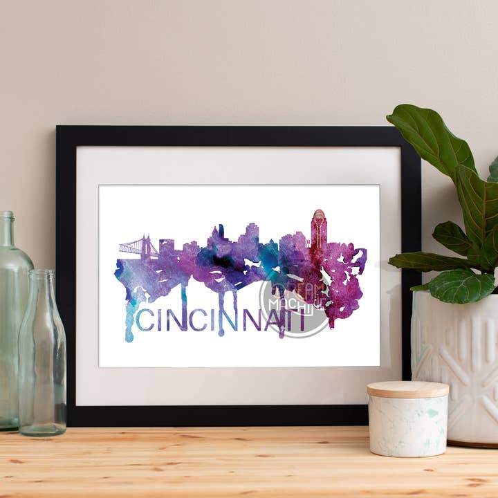 Skyline aquarelle de Cincinnati, Skyline de Cincinnati, art de Cincinnati, affiche de Cincinnati, impression de Cincinnati, art de Cincinnati, carte de Cincinnati pour la vente par DreamMachine Prints