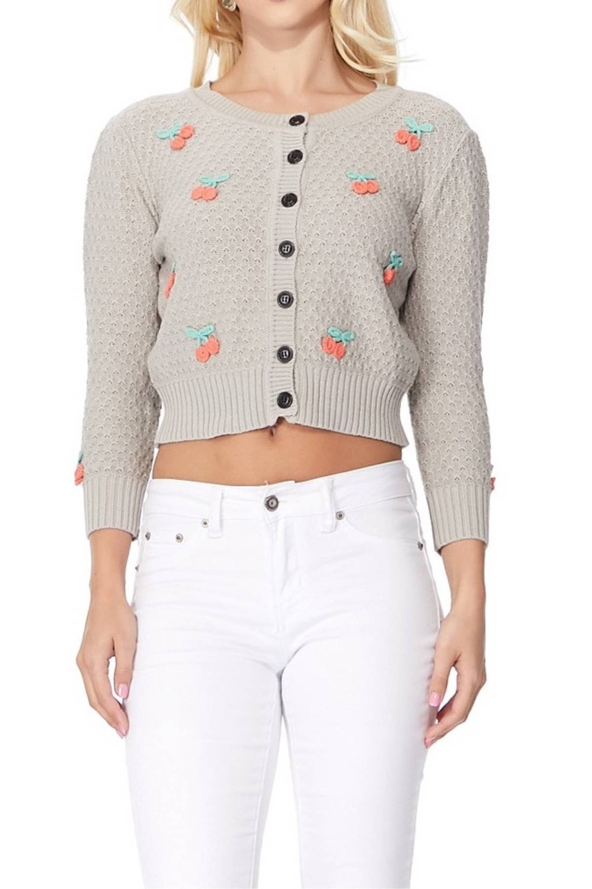 Mak - Wholesale Cardigan - Women's - Cherry Crochet Pom Pom Cropped Cardigan Sweater MK351521