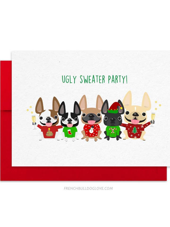 Ugly Sweater Party Franse Bulldog kerstkerstkaart voor wholesale door French Bulldog Love