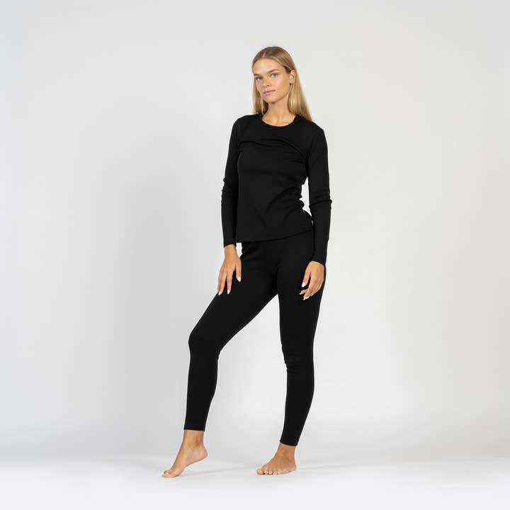 Damen Yoga Langarm- und Leggings-Set 250 Merino Schwarz für den Großhandel von menique