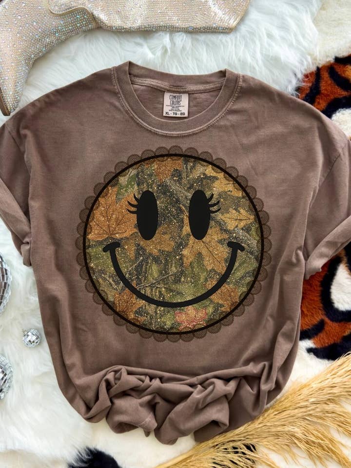 Camo Smiley Short Sleeve Tee for wholesale by Funky Monkey