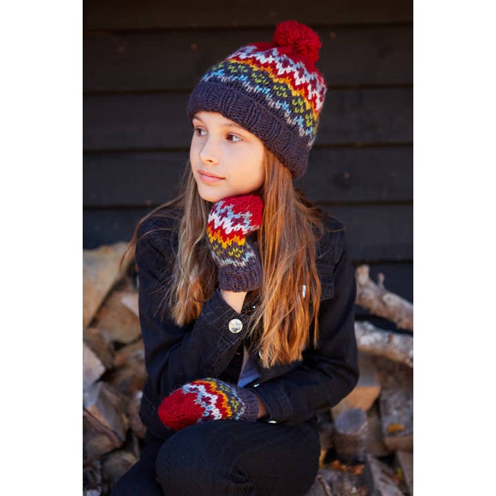 One Colour Kids Clifden Knitted Wool Fair Isle Knit Bobble Hat Navy for wholesale on Faire