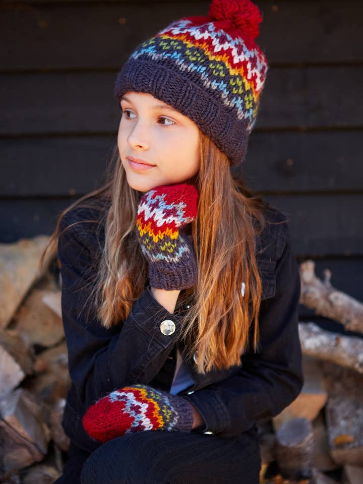Kids Clifden Knitted Wool Fair Isle Knit Bobble Hat Navy for wholesale by Pachamama Ltd