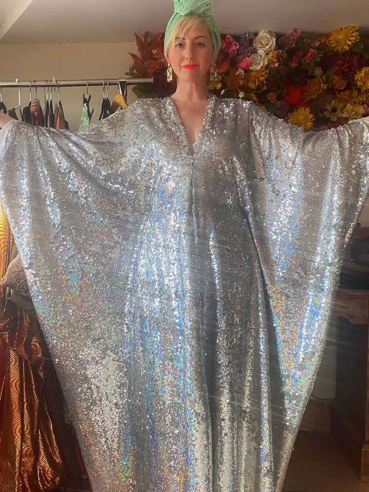 Fumbalinas - Wholesale Kaftan - Women's - Silver Metallic Holographic/ Sequin Kaftan Gown / Dress53