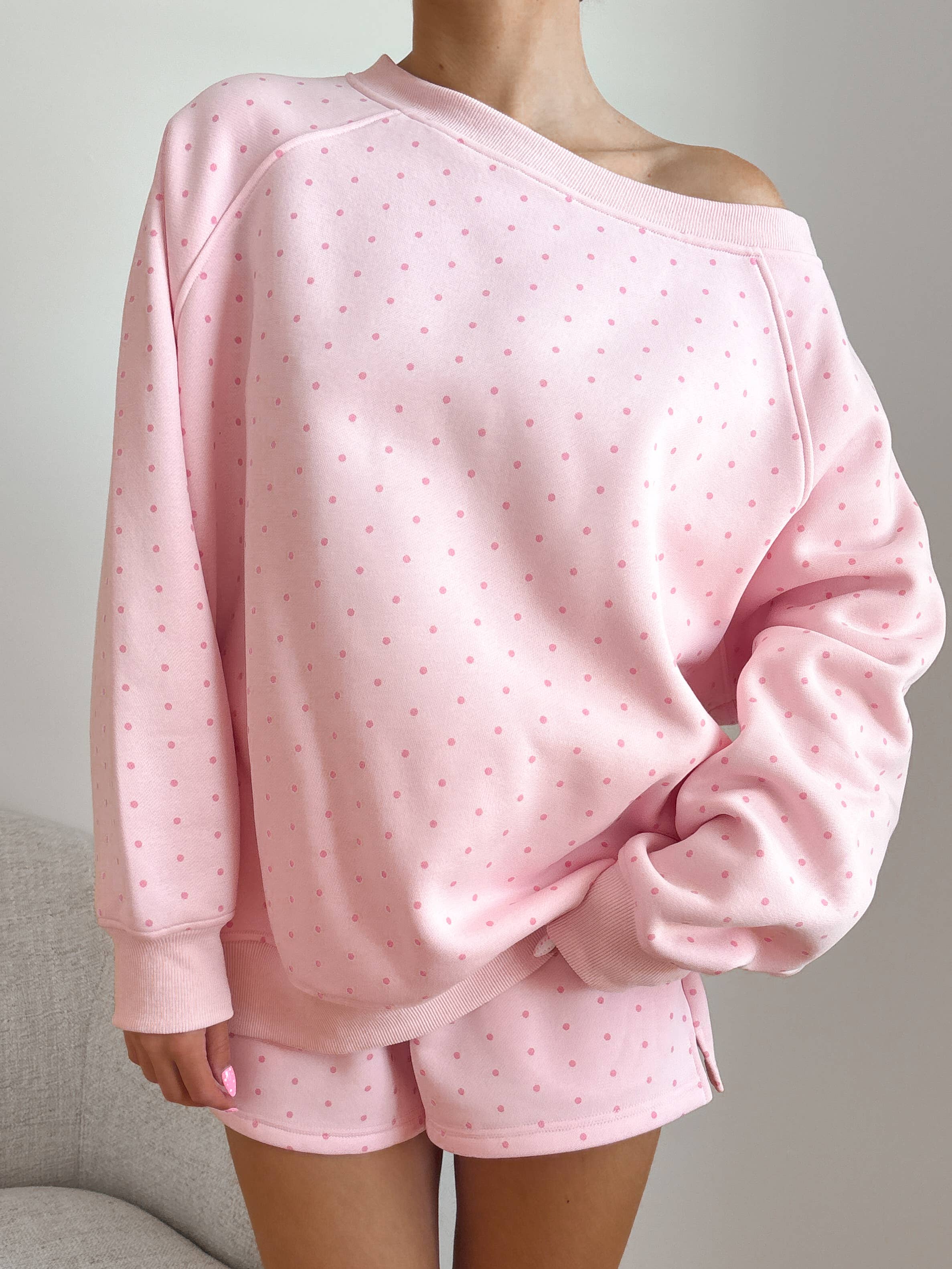 Sunkissed Coconut - Wholesale Sweatshirt - Women's - Light Pink Polka Dot Off The Shoulder Sweatshirt3