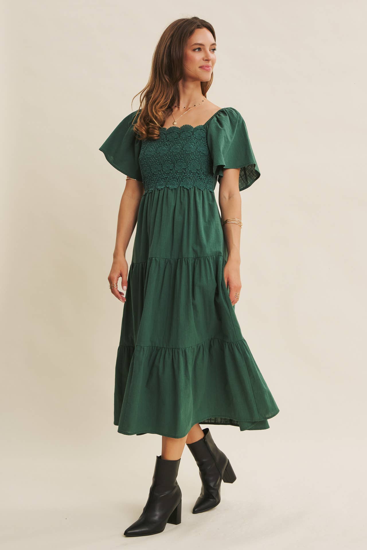 in february - Wholesale Dress - Women's - ESSENCE OF FALL TIERED CROCHET MIDI DRESS WITH FLUTTER SLVS24