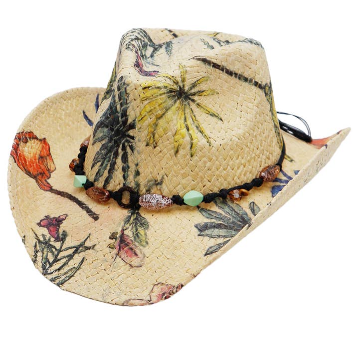 Cap Zone - Wholesale Cowboy Hat - Women's - Floral Print Raffia Paper Straw Cowboy Hat