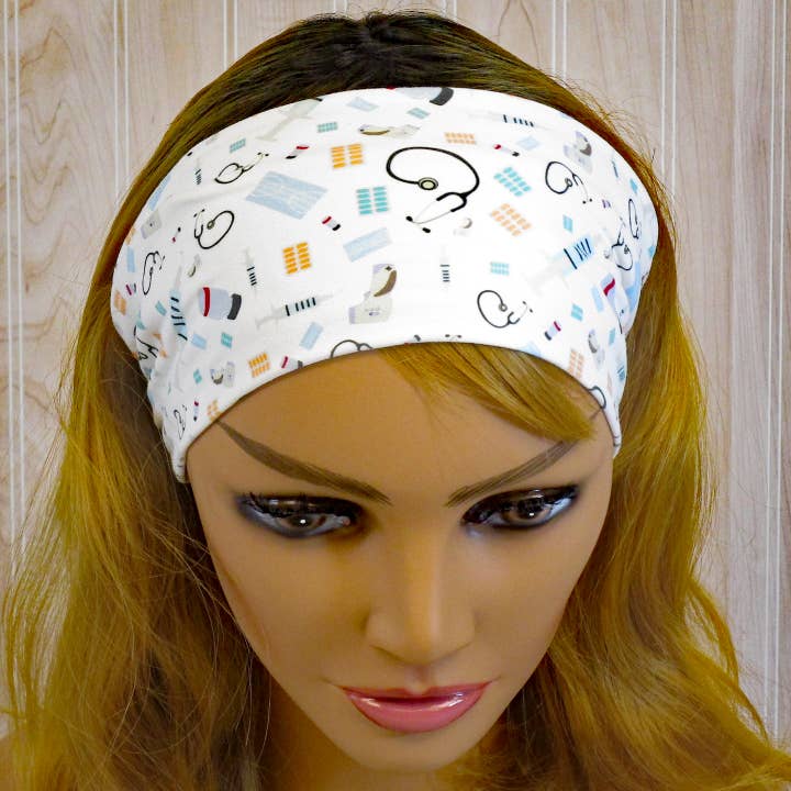 Treasured Haven - Wholesale Fashion Headband - Women's - Stethoscopes Healthcare Medical Scrubs Print Twist Headband