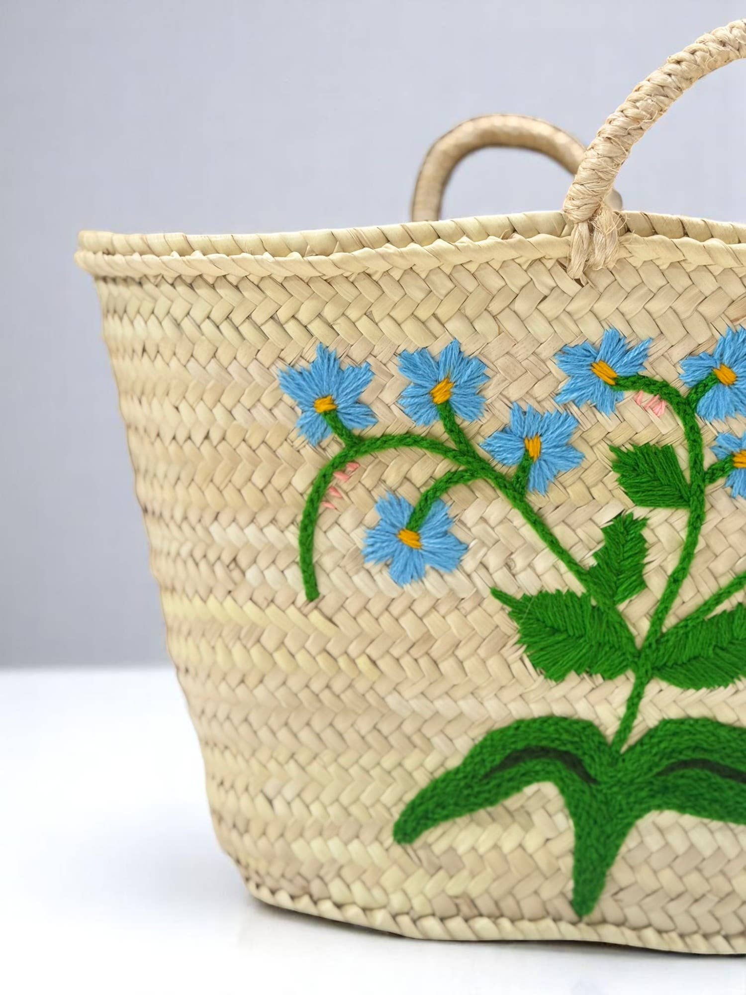 Gran Wholesale - Wholesale Beach Bag - Moroccan Straw Tote with Blue Floral Embroidery6