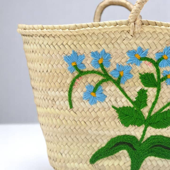 Gran Wholesale - Wholesale Beach Bag - Moroccan Straw Tote with Blue Floral Embroidery6