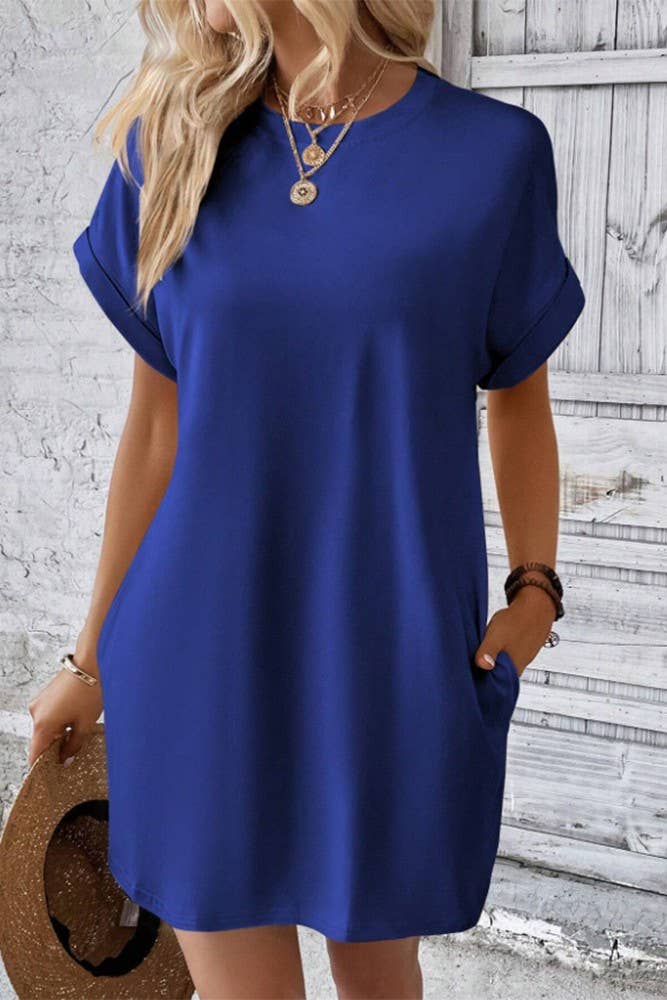 UNISHE - Wholesale Dress - Women's - Plain Fold Cuff Pockets Round Neck T-Shirt Dress ZK133318