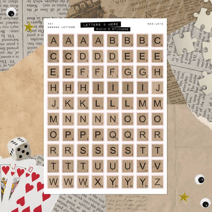 Træflisebogstaver • Bogstaver & Mere Dekorationsklistermærkeark for engroshandel hos Sadie's Stickers