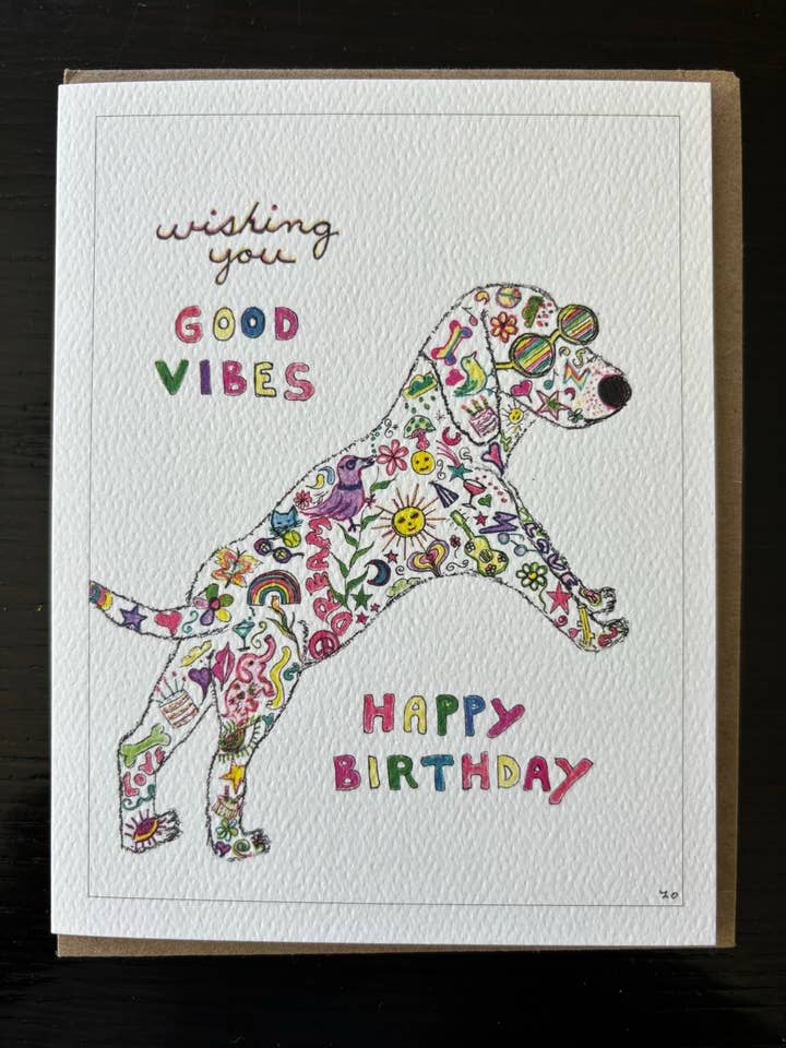 Happy Birthday Good Vibes Labrador retriever dog card pets for wholesale by Bernie Street Studios