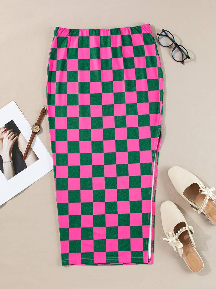 FULL TIME PURCHASE - Wholesale Skirt - Women's - Checkered Print Side Slit High Waist Midi Skirt12