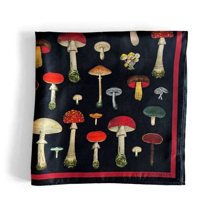 Curious Prints - Wholesale Scarf - Women's - 100% Silk Scarf Vintage Black Mushroom Bandana 17x17