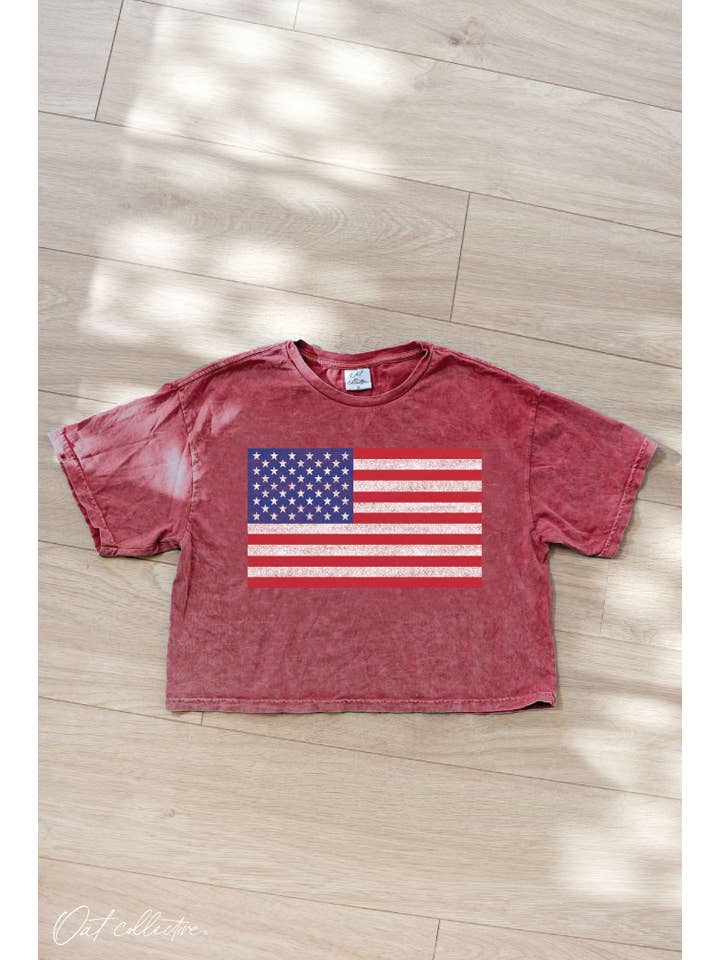 OAT COLLECTIVE - Vendita all'ingrosso Maglietta serigrafata - Donna - Top corto con grafica minerale con bandiera degli Stati Uniti2
