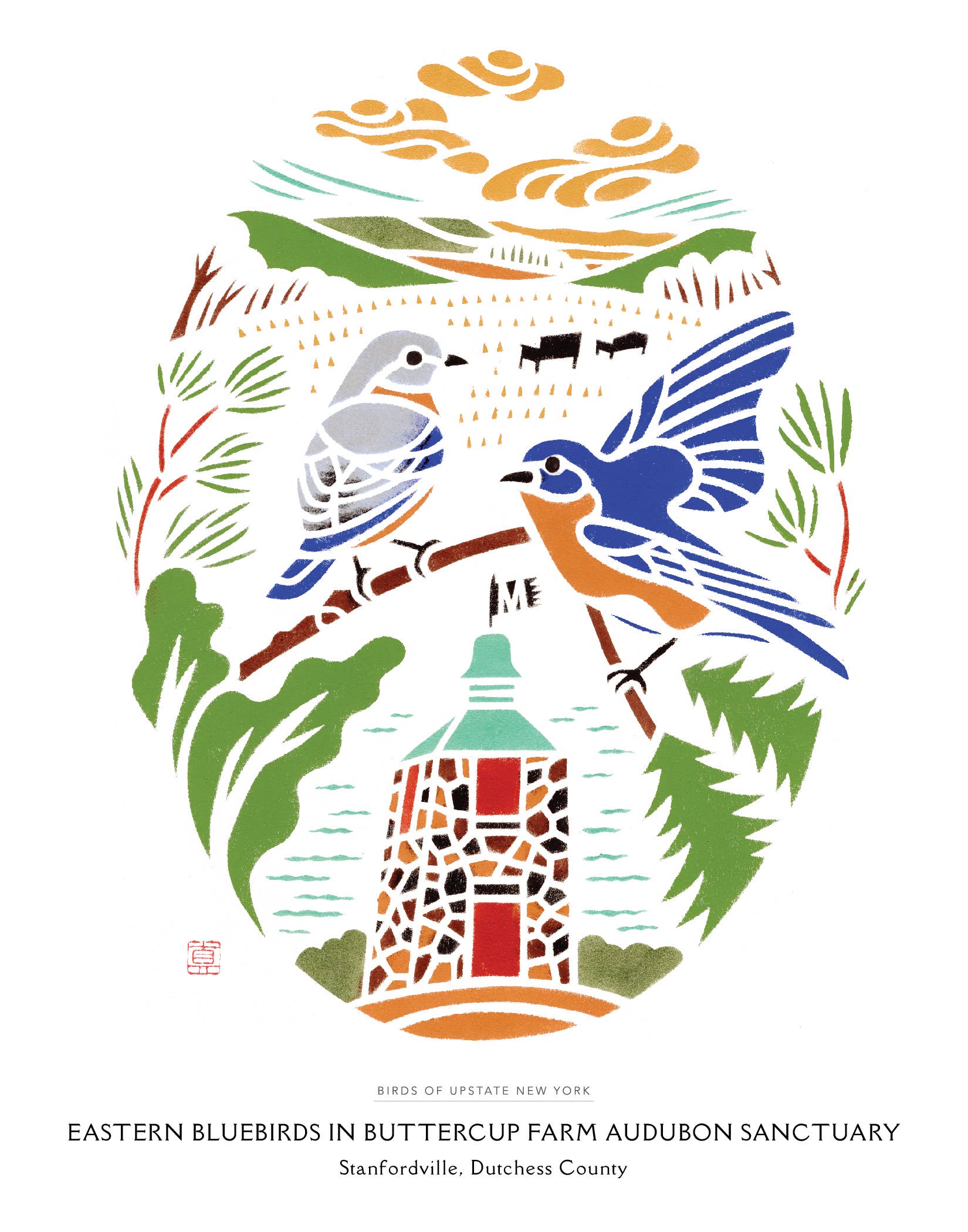 Mayuko Fujino Bird & Nature Art - Wholesale Art Print - Art print: Eastern Bluebirds in Buttercup Farm Audubon1