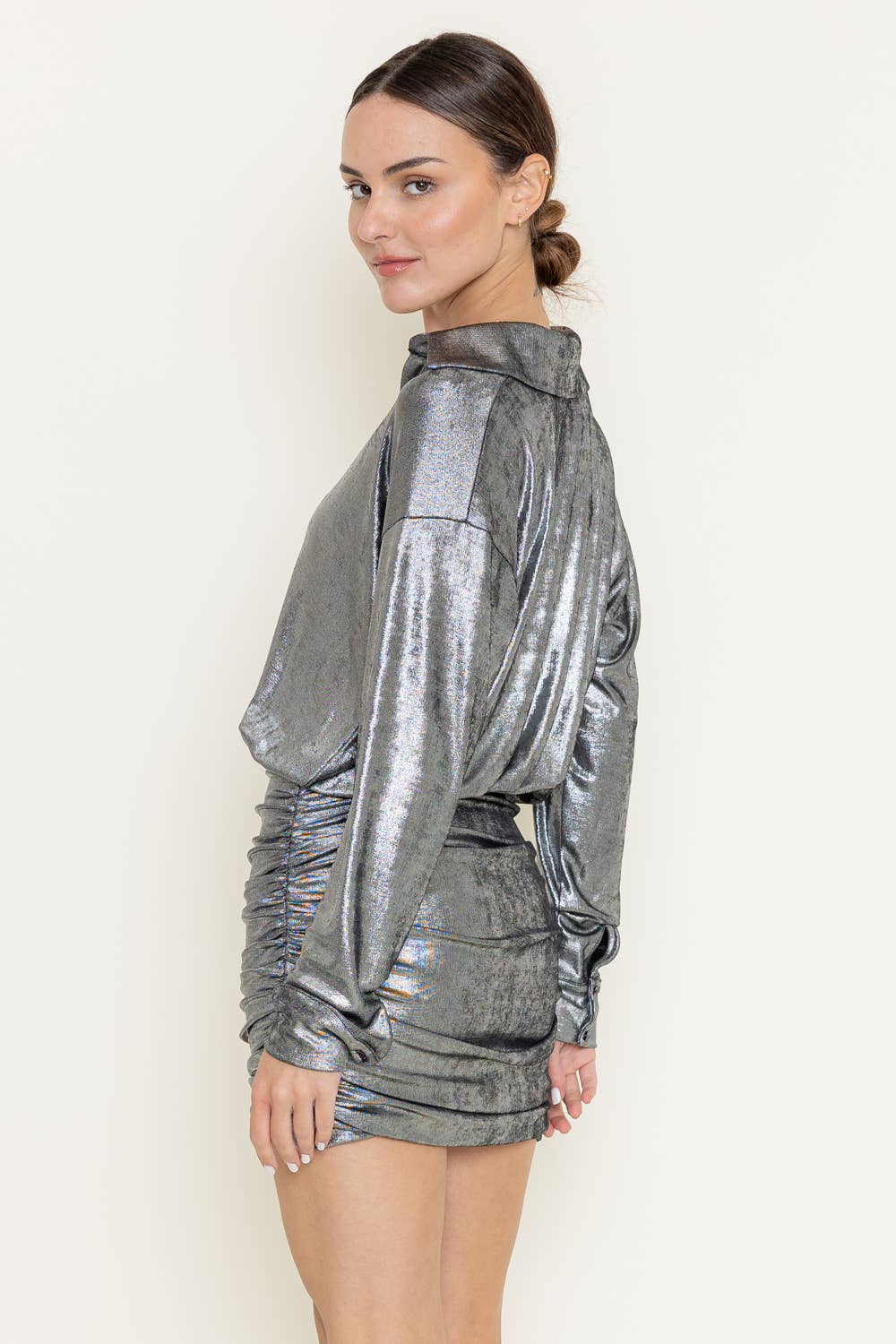 Fore Collection – wholesale Dress – Women's – METALLIC COLLAR SHIRT STYLE RUCHED MINI DRESS-DD8562AFO3