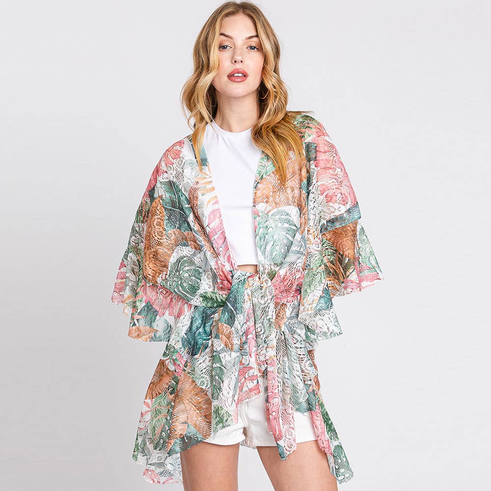 Sensibling Corp. - Wholesale Kimono - Women's - Ruffle Lined Leaves Printed Crochet Cover-Up Kimono Poncho0