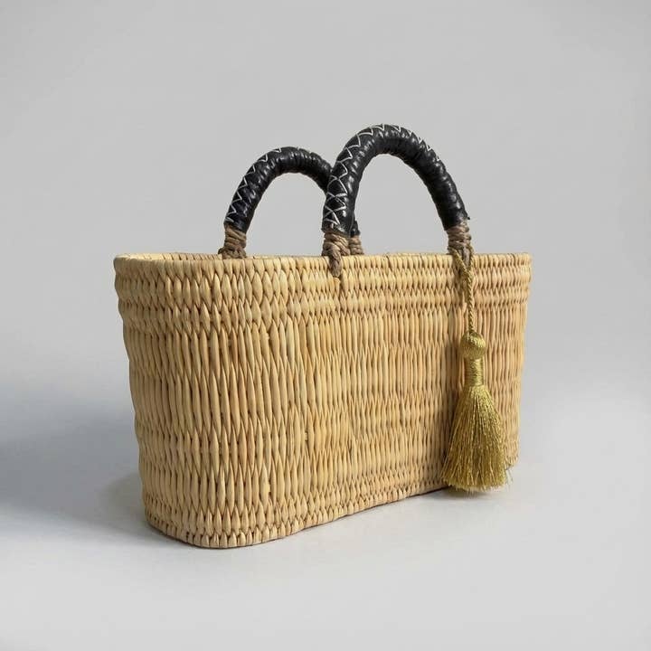 Melecraft – Engroshandel Kurv – Flettet kurvetaske i siv - Sort læder & guldkvast5